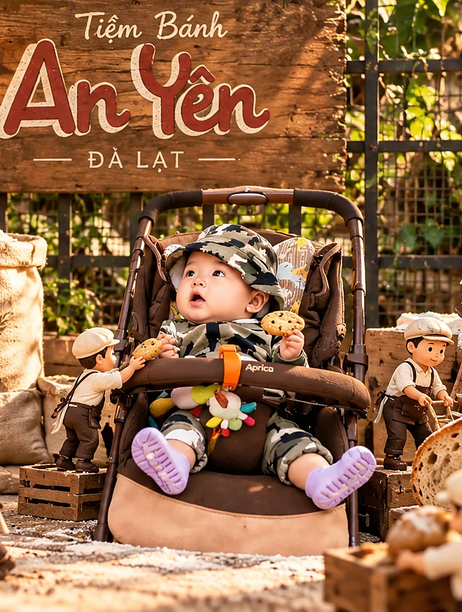 Em bé trong xe đẩy cầm bánh quy trước biển Tiệm Bánh An Yên Đà Lạt, xung quanh là các thợ làm bánh tí hon.